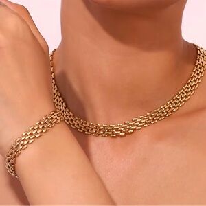 Combo Polished Gold Link Necklace and Bracelet Set - Women's Jewelry